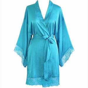 Kimono Robe Blue Satin Short Lace Trim